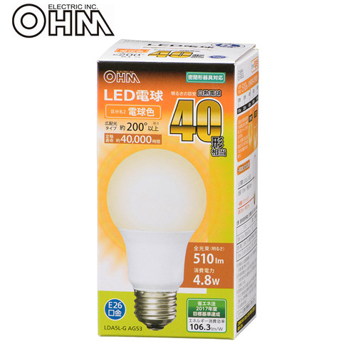 オーム電機 LED電球 E26 40形相当 電球色 LDA5L-G AG53: