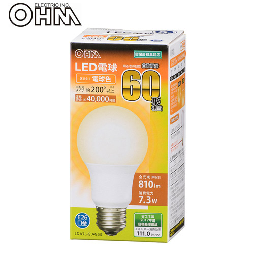 オーム電機 LED電球 E26 60形相当 電球色 LDA7L-G AG53: