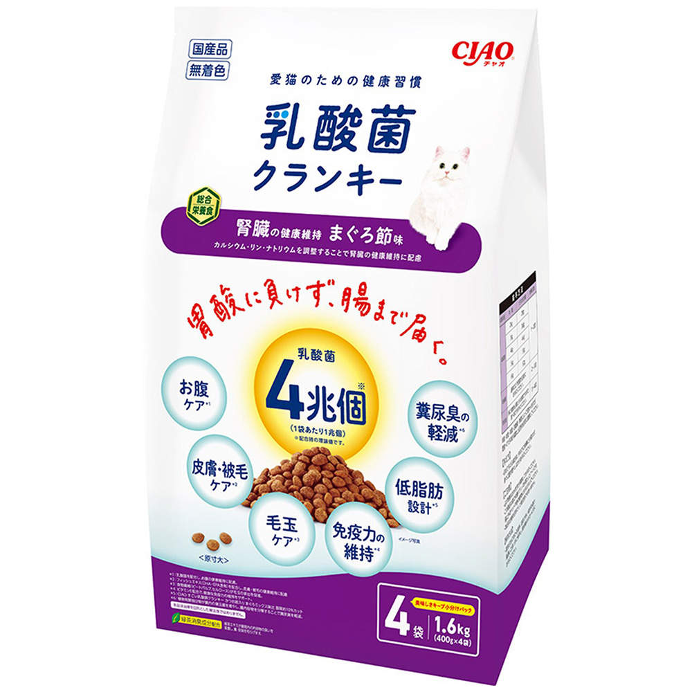 【ポイント10倍】いなば CIAO 乳酸菌クランキー 腎臓の健康維持 まぐろ節味 400g 4袋入: