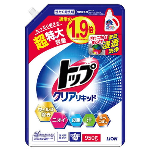 ライオン 洗濯洗剤 トップ クリアリキッド 詰替用 超特大 950g: