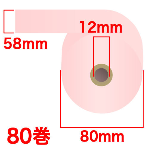 カラー感熱紙ロール 58×80×12mm ピンク 80巻 RS5880PP