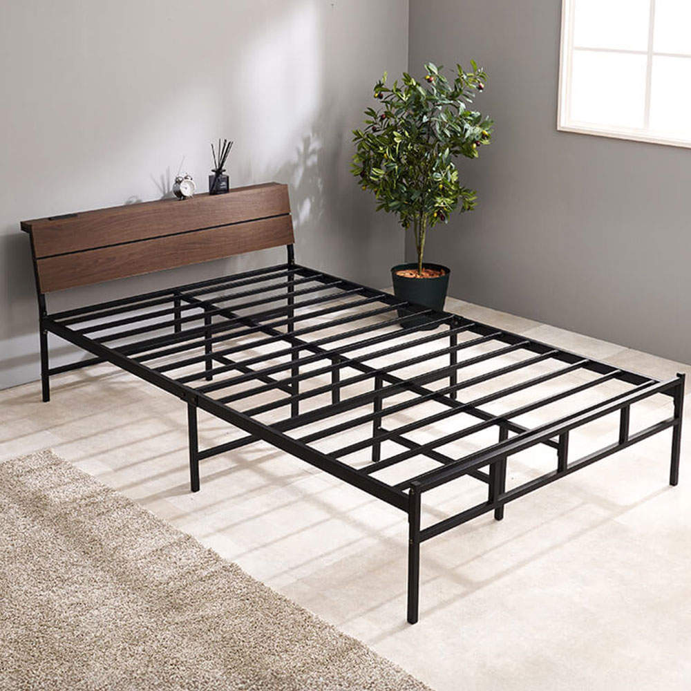 萩原 ベッドフレーム 頑丈パイプベッド ダークブラウン コンセント付き 宮棚付き KH-3074SDBR