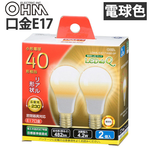 オーム電機 LED電球 ミニクリプトン形 E17 40W 電球色 2個入 LDA4L-G-E17 IH92-2